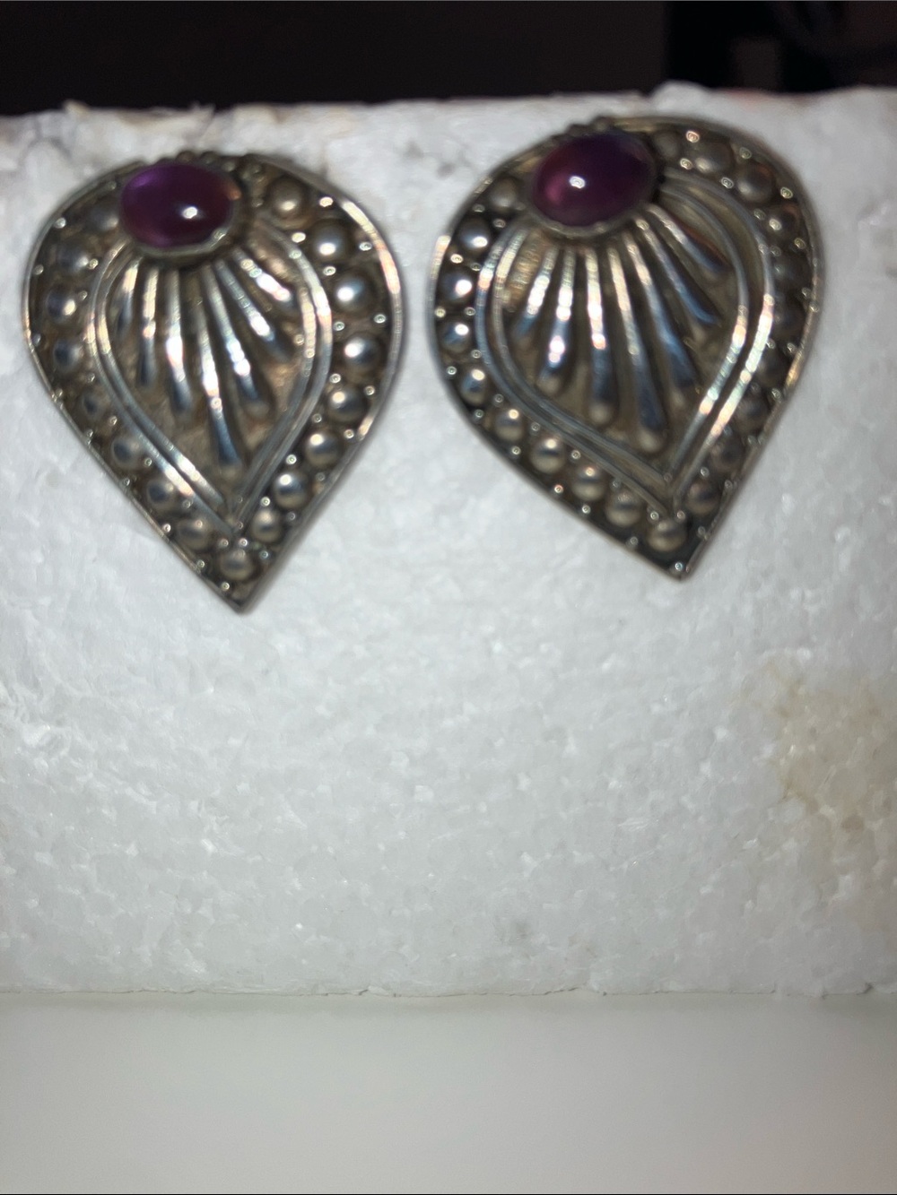 Sterling Silver Teardrop Post Earrings with Amethyst Cabochon Accents